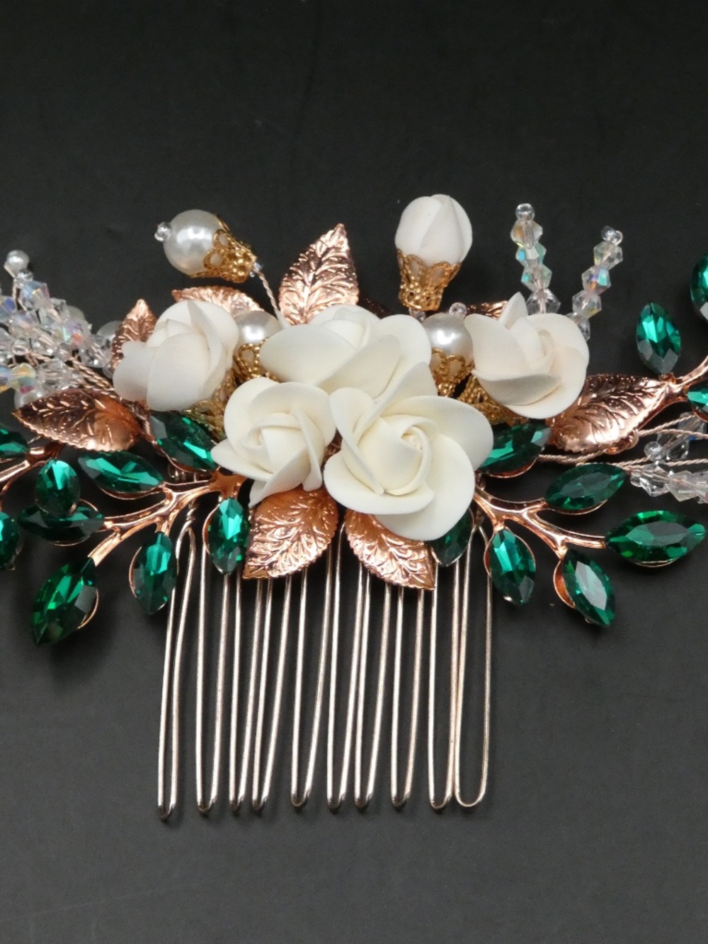 White Rose and Crystal Hair Comb in Rose Gold